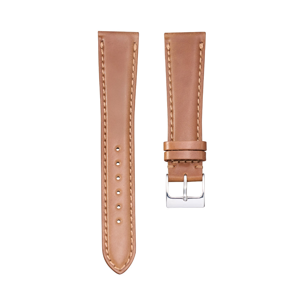 Two piece light brown shell Cordovan leather watch strap with a silver buckle