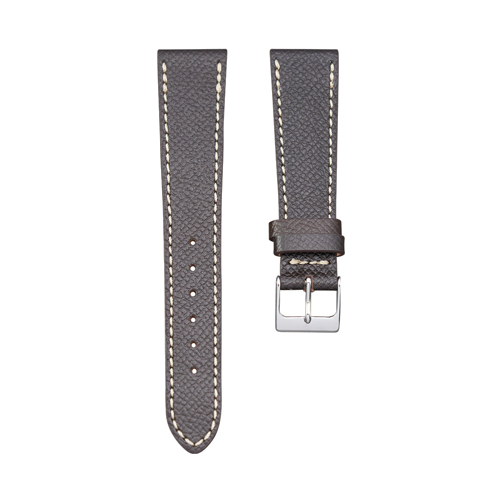 Dark brown textured calf leather watch strap with light stitching and a silver buckle.