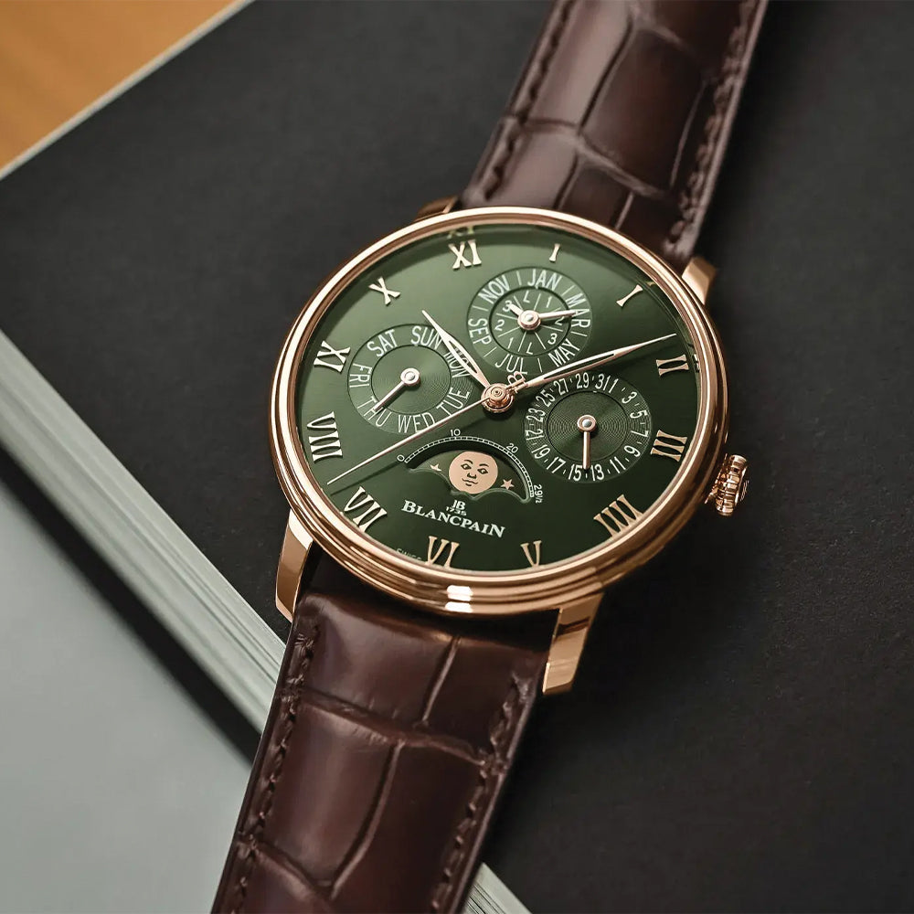 Villeret Perpetual Calendar Red Gold 40.3mm - Green on Leather Strap