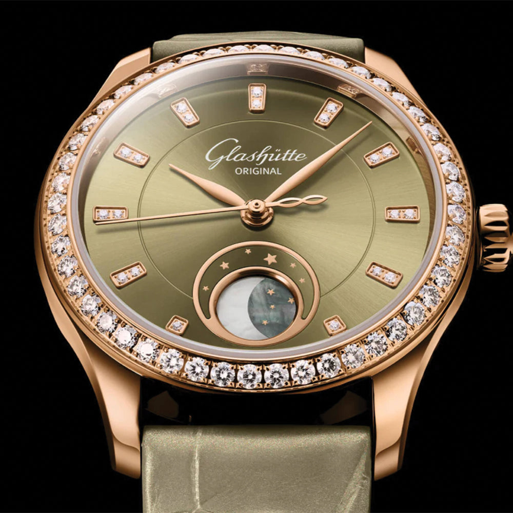 Serenade Luna Automatic Diamond Red Gold 32.5mm - Green on Leather Strap