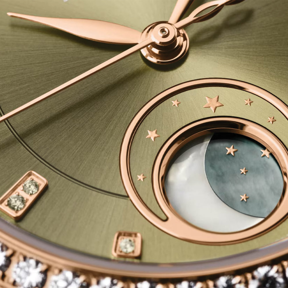 Serenade Luna Automatic Diamond Red Gold 32.5mm - Green on Leather Strap