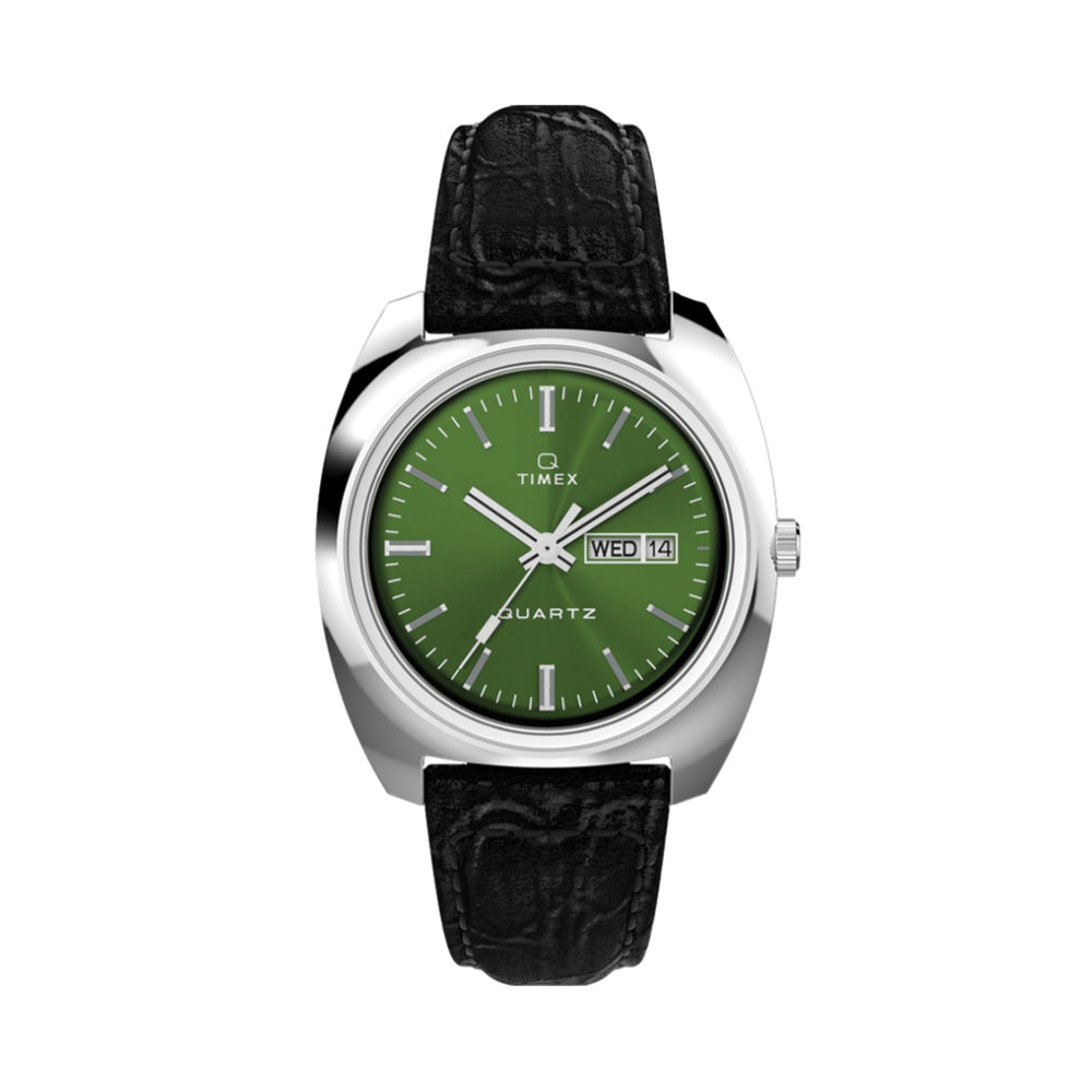 Q Timex 1978 Day/Date 37mm - Green on Leather Strap