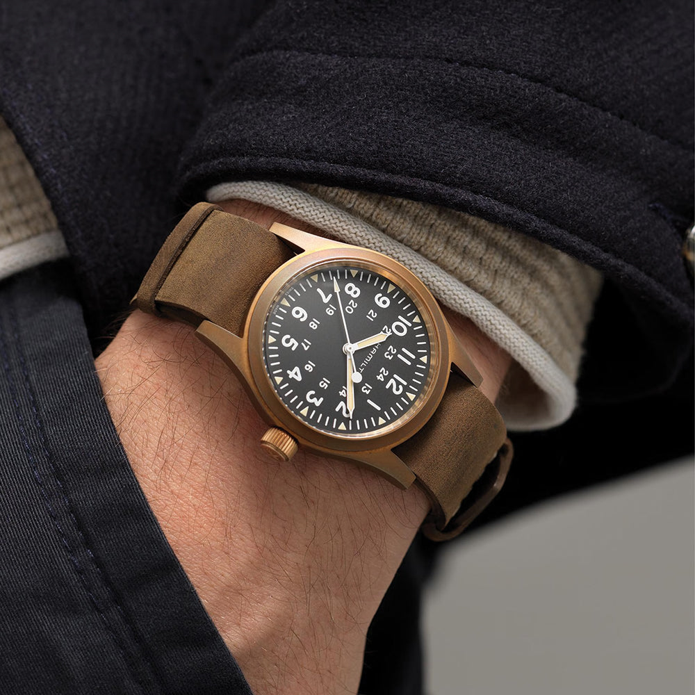 Khaki Field Mechanical Bronze 38mm - Black on One-Piece Leather Strap
