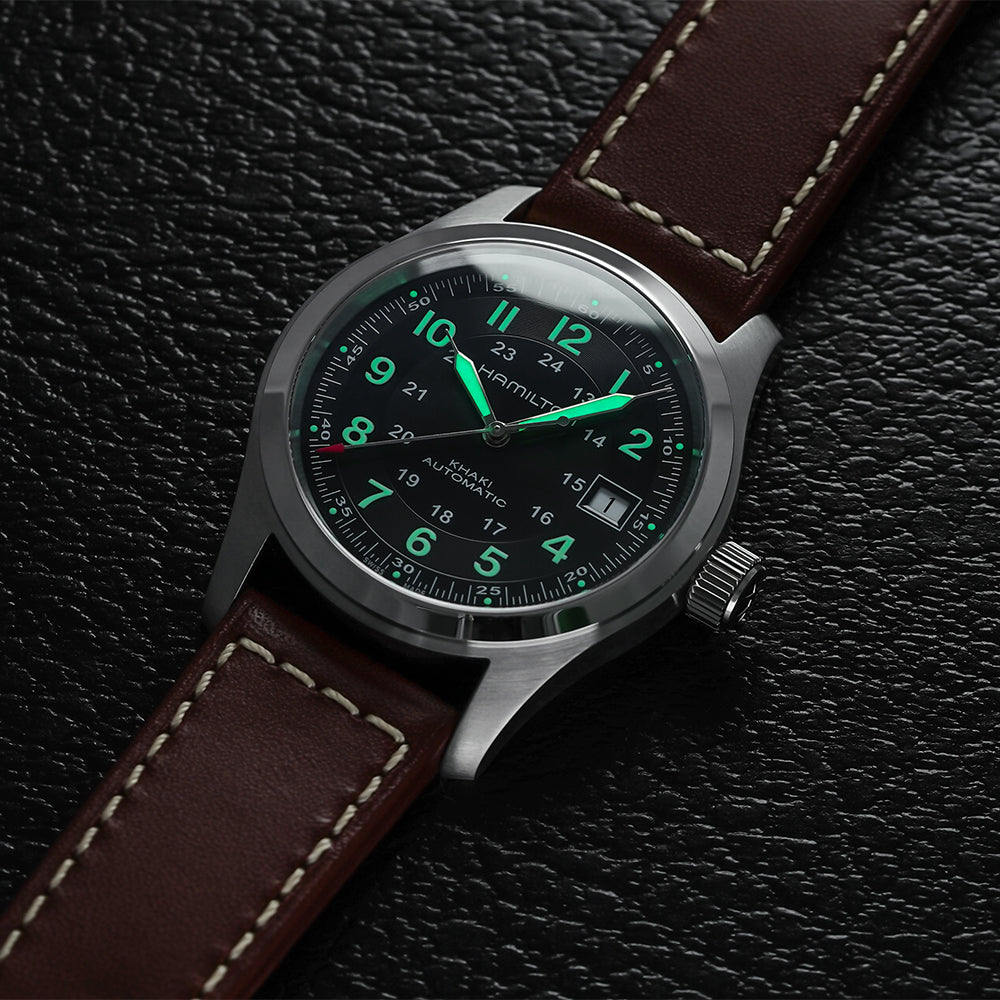 Khaki Field Auto Black Dial on Leather Strap, 38mm