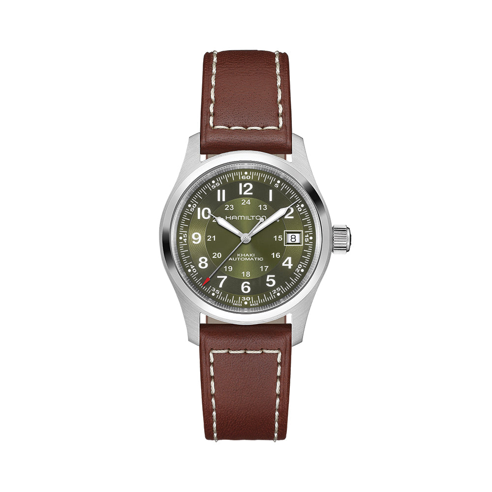 Khaki Field Auto Date 38mm - Green on Leather Strap