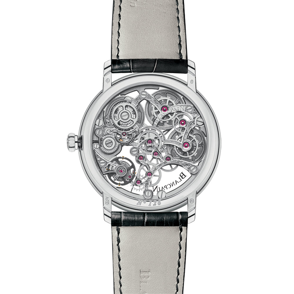 Villeret Squelette 8 Days White Gold 38mm - Skeleton Silver on Leather Strap