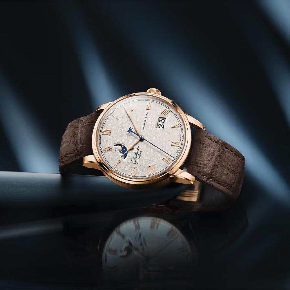 Senator Excellence Panorama Date Moon Phase Automatic Red Gold 40mm - Silver on Leather Strap