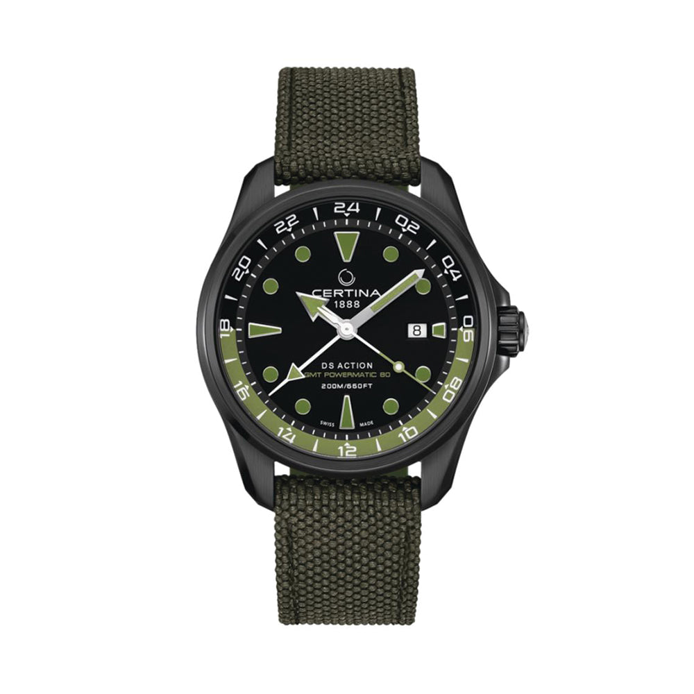 DS Action GMT Powermatic 80 43mm - Black and Green on Bracelet