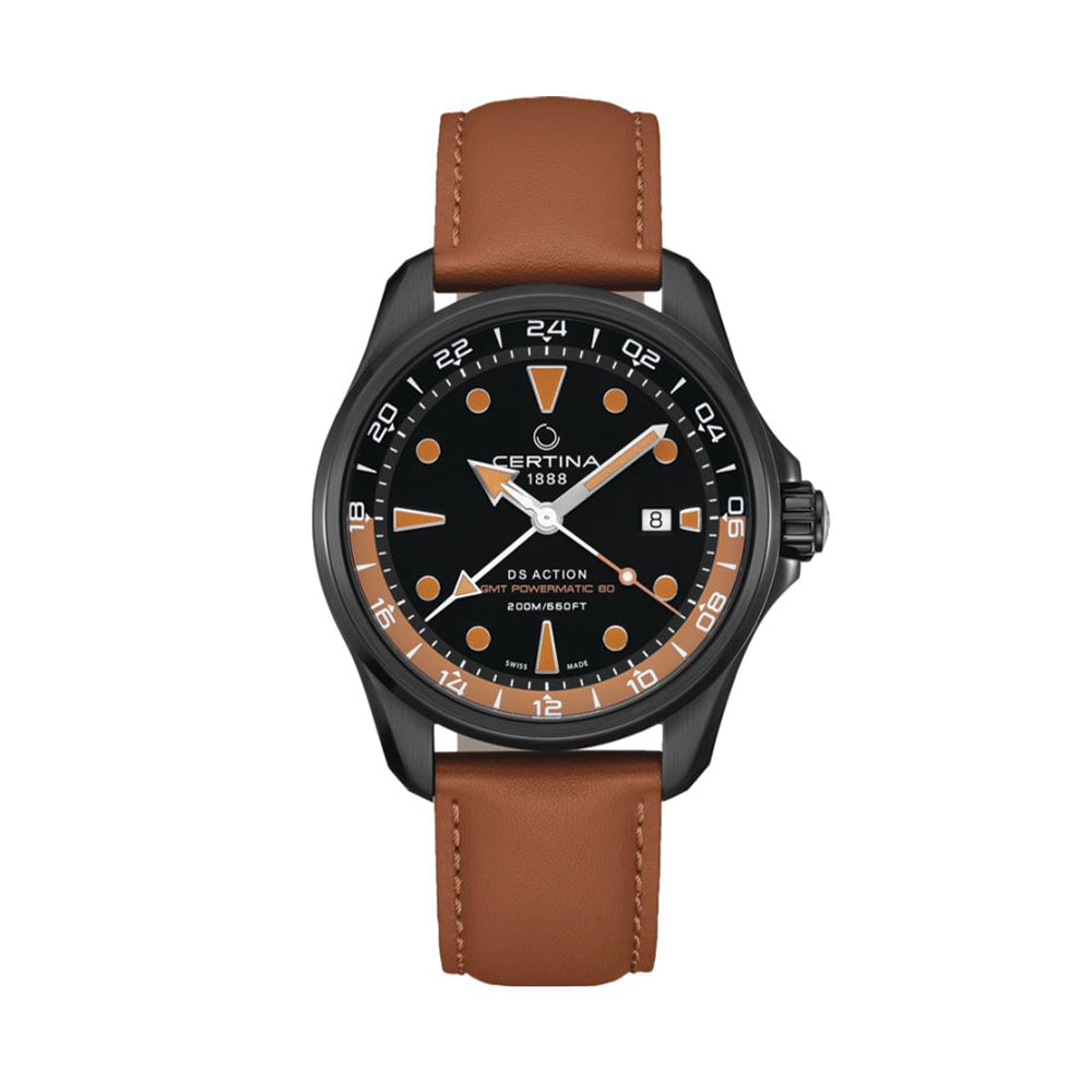 DS Action GMT Powermatic 80 43mm - Black and Orange on Leather Strap