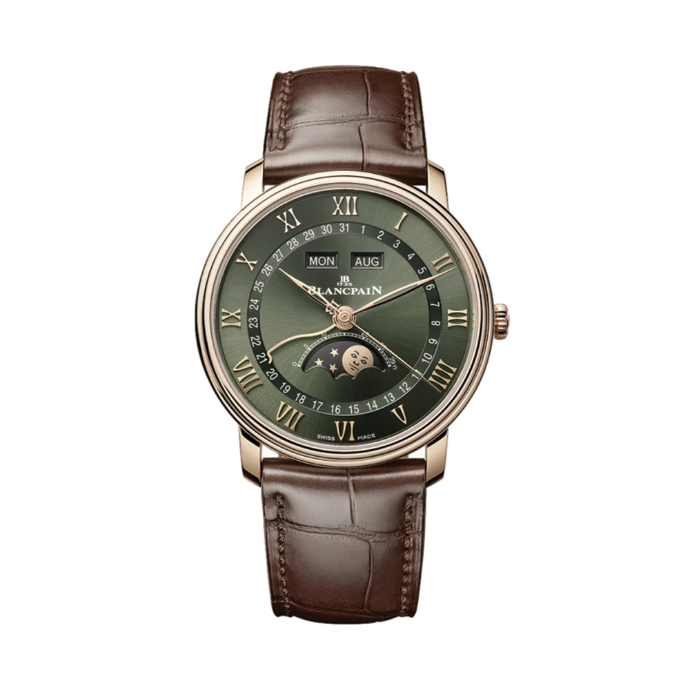 Villeret Complete Calendar Red Gold 40mm - Green on Leather Strap