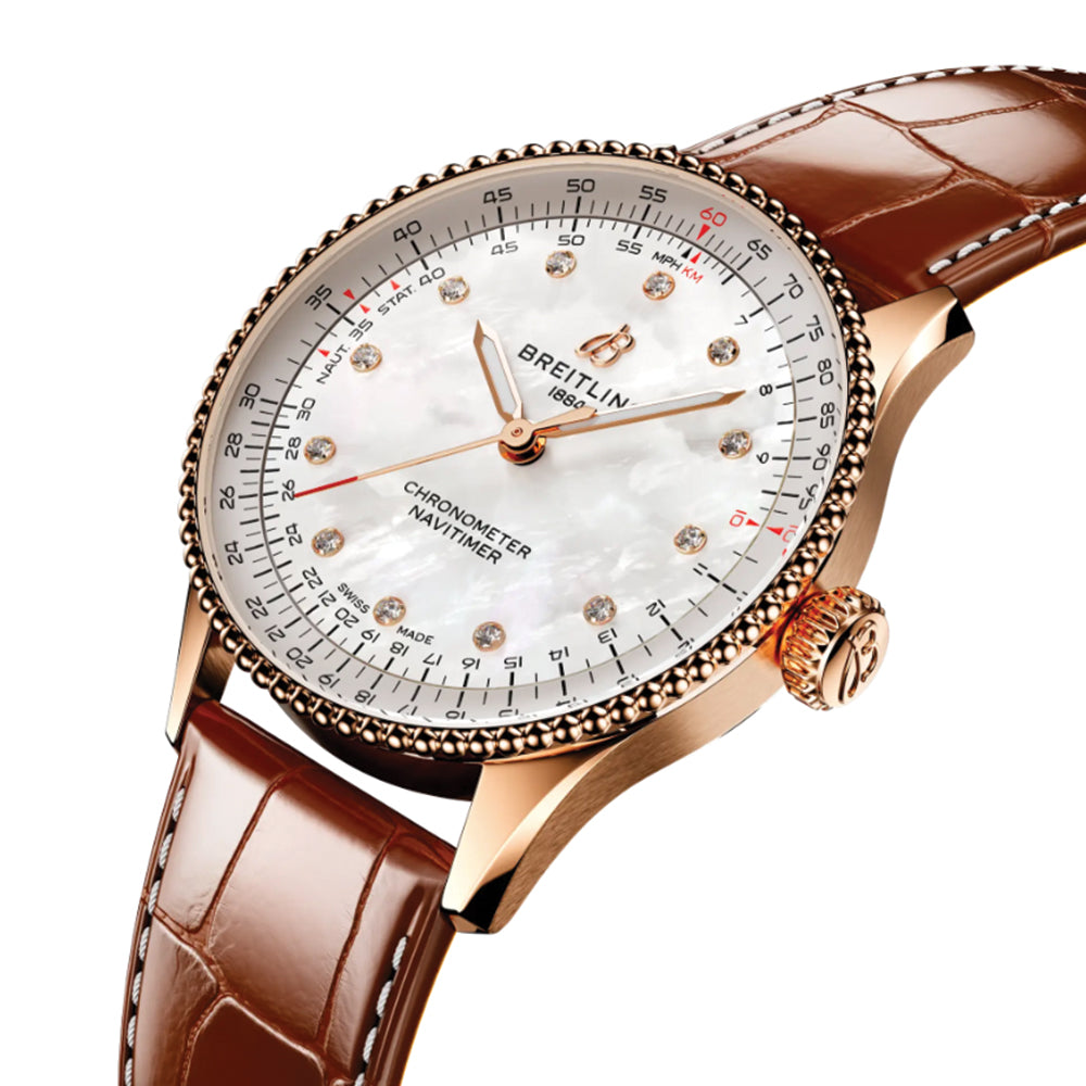 Navitimer Automatic Red Gold 36mm - White w/ Diamonds on Leather Strap