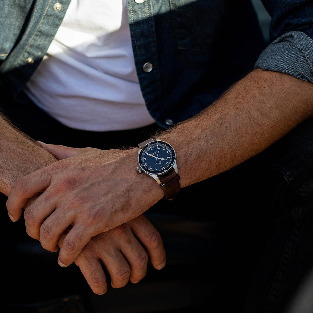 Khaki Aviation Pilot Pioneer 38mm - Black on Leather Strap