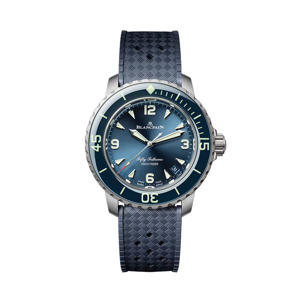 Fifty Fathoms Brushed Titanium 38.2mm - Blue on Rubber Strap