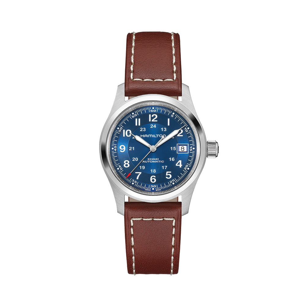 Khaki Field Auto Date 38mm - Blue on Leather Strap
