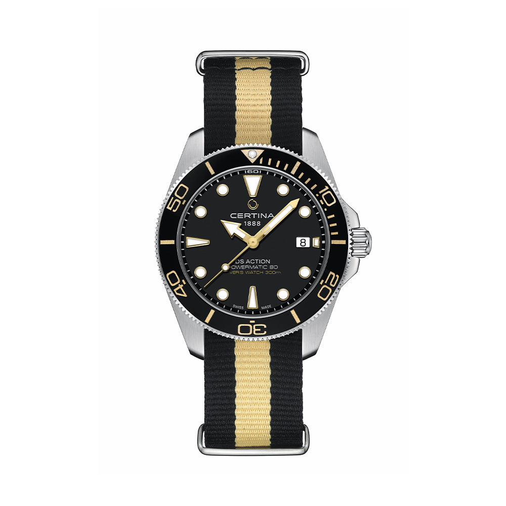 DS Action Diver "New DS Concept Extreme Shock Resistance" 40.5mm - Black on One-Piece Textile Strap