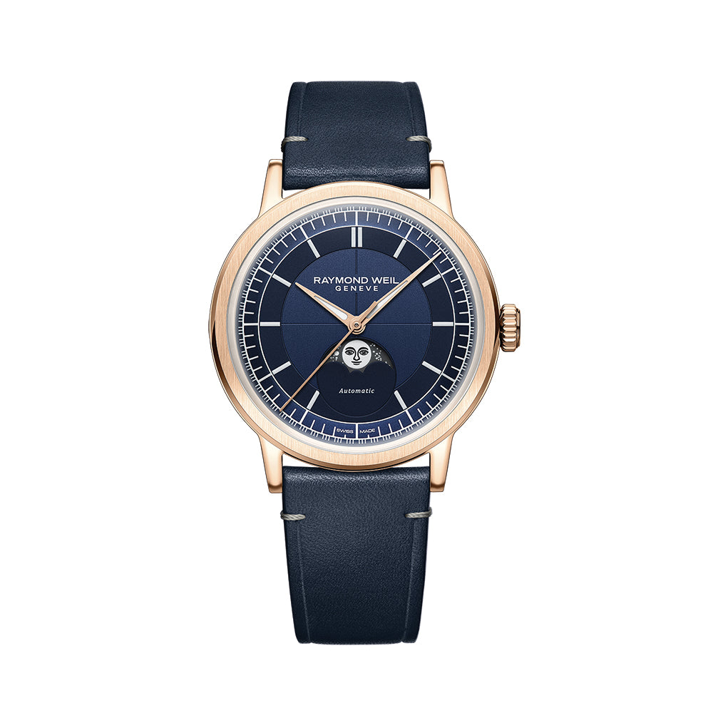 Millesime Automatic Moonphase Rose Gold PVD 39.5mm - Midnight Blue on Leather Strap