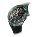 Angled render of ElectroStatic DNA 45mm with green bezel skeleton dial and black rubber strap