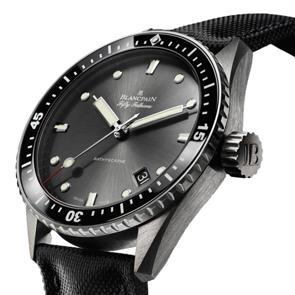 Fifty Fathoms Bathyscaphe SS 43mm - Black Bezel w/ Grey Dial on Sail-canvas Strap