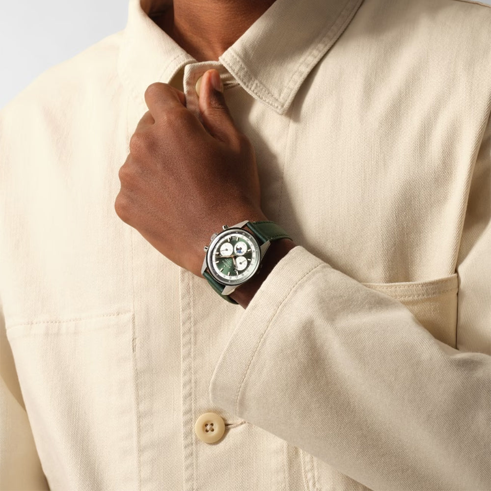 Zenith Chronomaster Original Triple Calendar 38mm green dial on green strap worn on the wrist