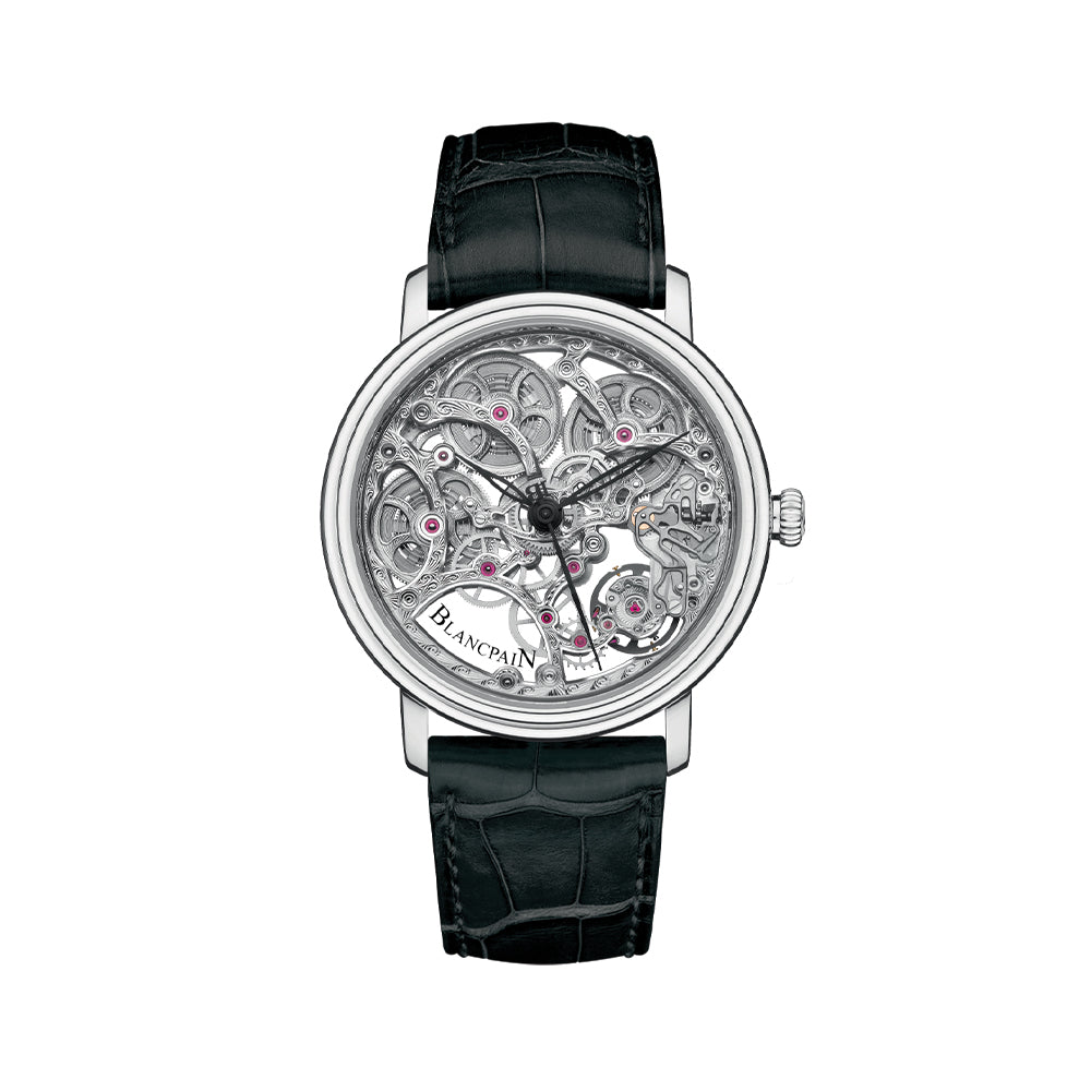 Villeret Squelette 8 Days White Gold 38mm - Skeleton Silver on Leather Strap