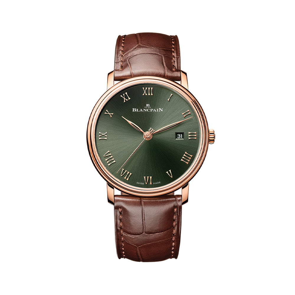 Villeret Extraplate Red Gold 40mm - Green on Leather Strap