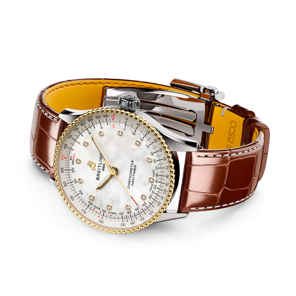 Navitimer Automatic Two-Tone 36mm - White, Mother-of-Pearl, Diamond-Set on Leather Strap