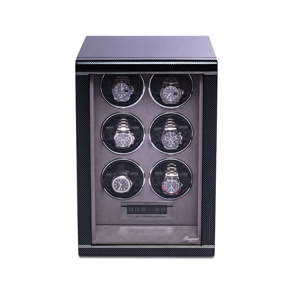 Black Formula Six watch winder cabinet with six watch slots visible behind a glass door