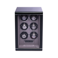 Black Formula Six watch winder cabinet with six watch slots visible behind a glass door