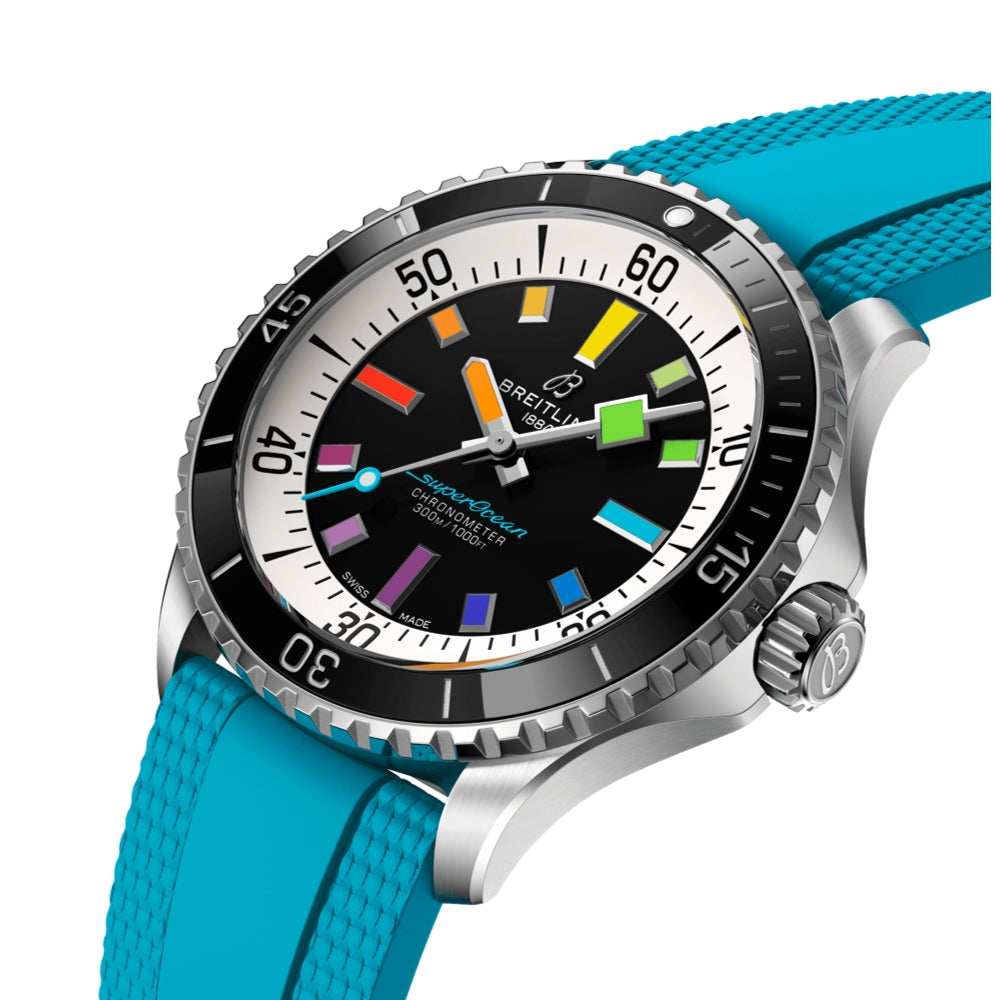 Superocean Automatic 42mm - Black w/ Rainbow Indices on Blue Rubber Strap