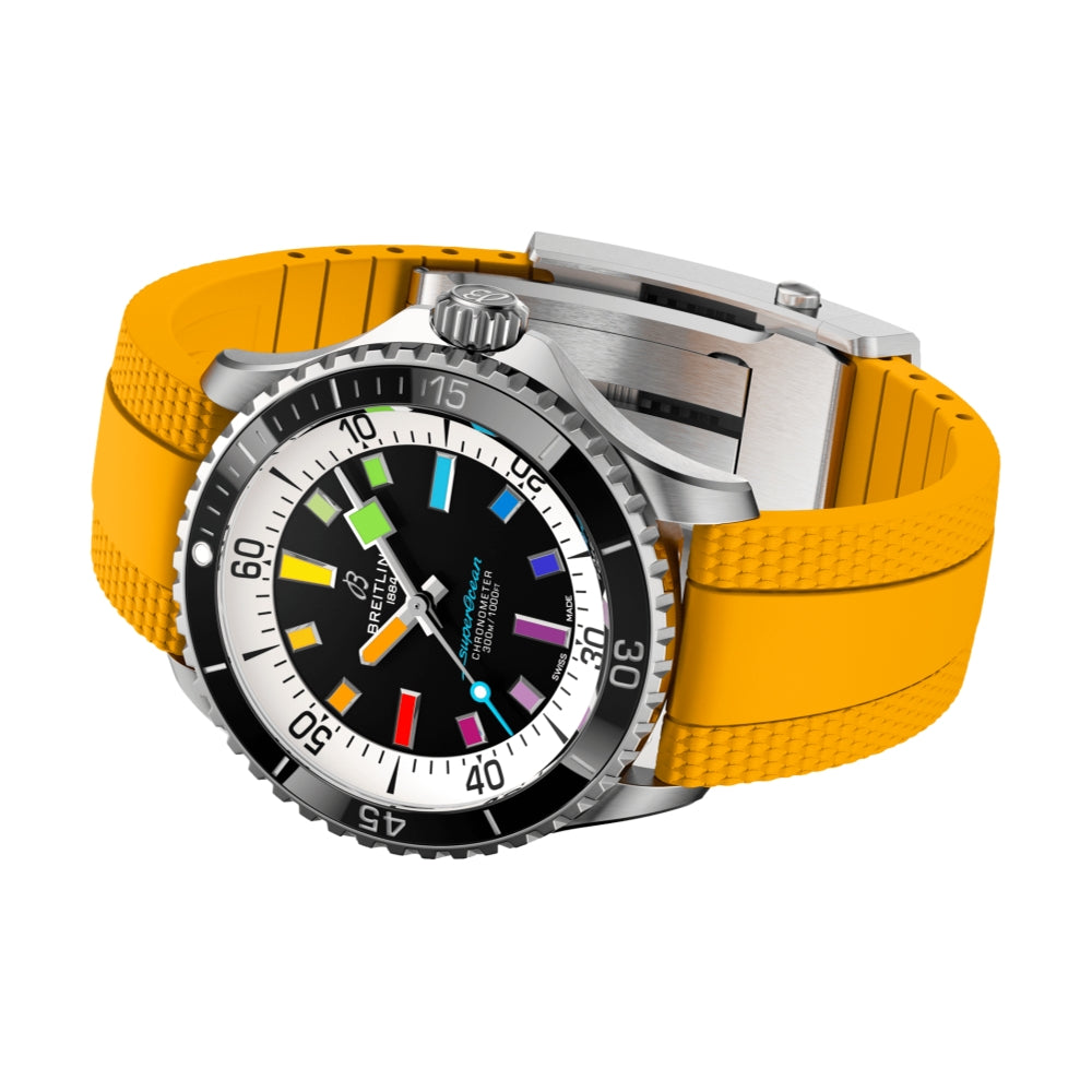 Superocean Automatic 42mm - Black w/ Rainbow Indices on Yellow Rubber Strap