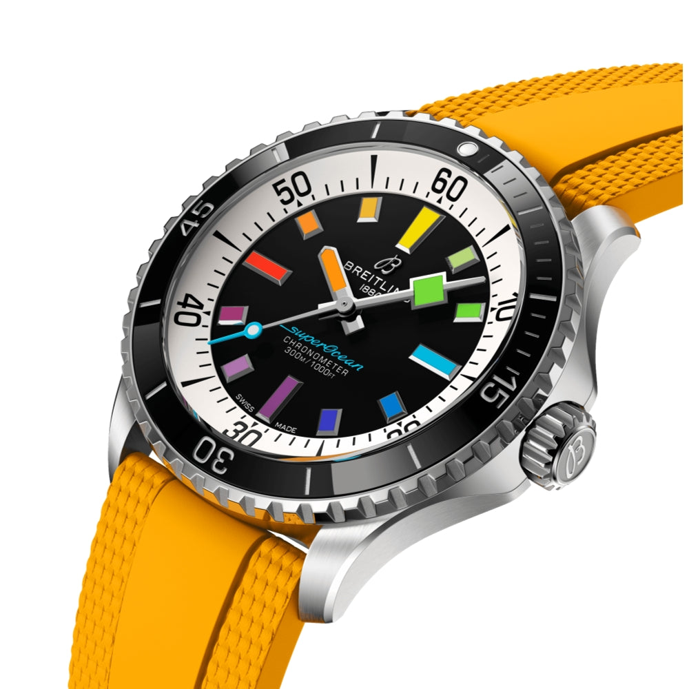 Superocean Automatic 42mm - Black w/ Rainbow Indices on Yellow Rubber Strap
