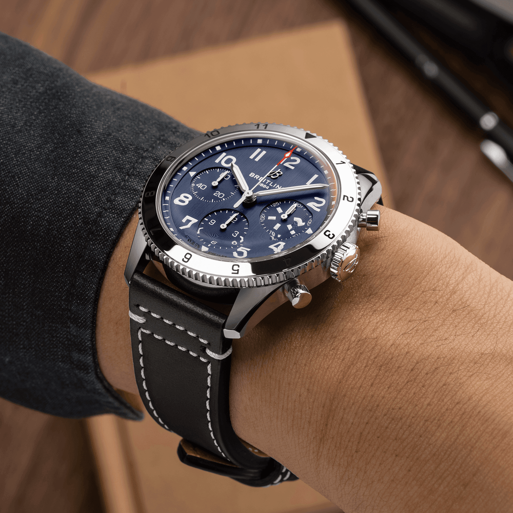Classic AVI Chronograph 42mm Tribute to Vought F4U Corsair - Blue on Leather Strap