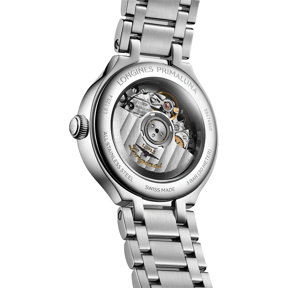 Rear view of Longines Primaluna with stainless steel bracelet and transparent case back showcasing the movement.