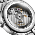 Close up of the Primaluna stainless steel bracelet with a deployment clasp engraved Longines and logo.