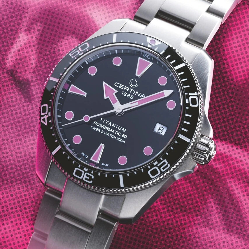 DS Action Diver “New DS Concept Extreme Shock Resistance” Titanium 38mm - Black, Pink Accents on Bracelet
