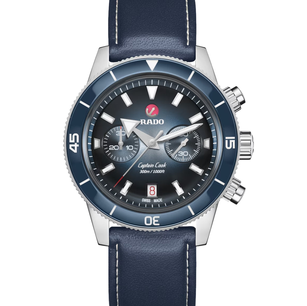 Captain Cook Automatic Chronograph 43mm - Blue on Bracelet w/ Extra Leather and Fabric Straps