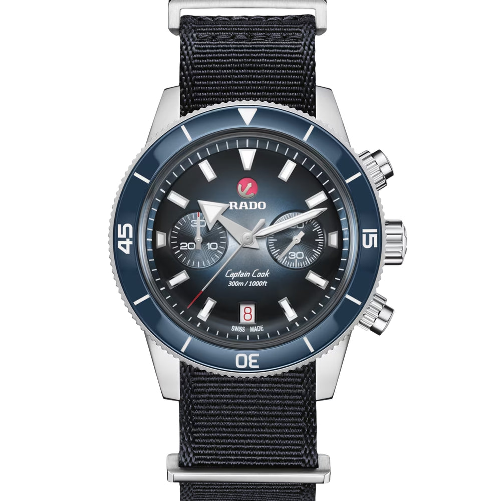 Captain Cook Automatic Chronograph 43mm - Blue on Bracelet w/ Extra Leather and Fabric Straps