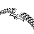 Close-up of a polished stainless steel bracelet with Longines branding.