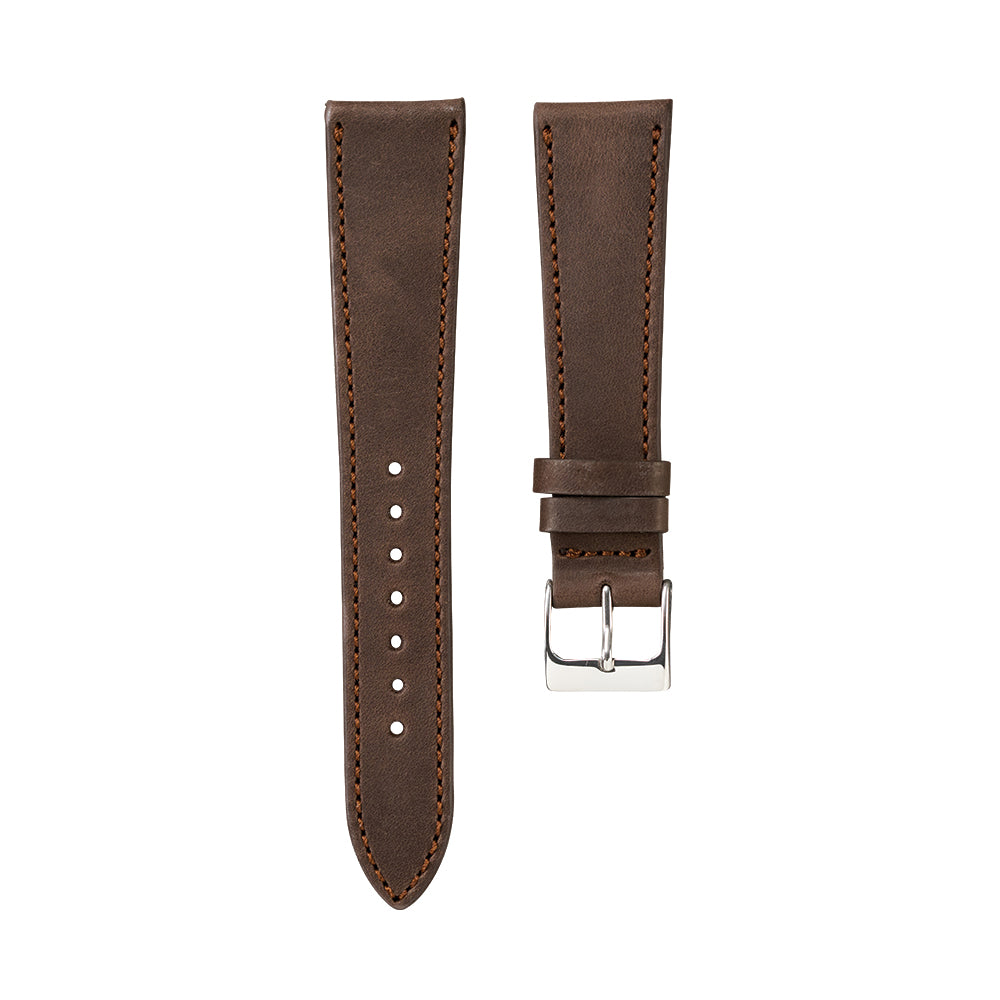 Dark brown Teddy Baldassarre French calfskin watch strap with orange stitching and silver buckle
