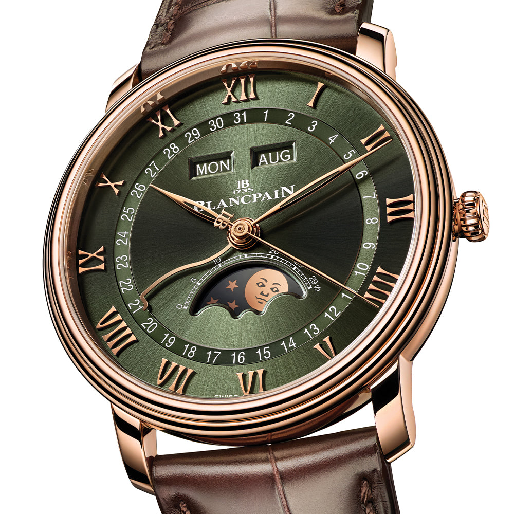 Villeret Quantième Complet Red Gold 40mm - Green on Brown Leather Strap