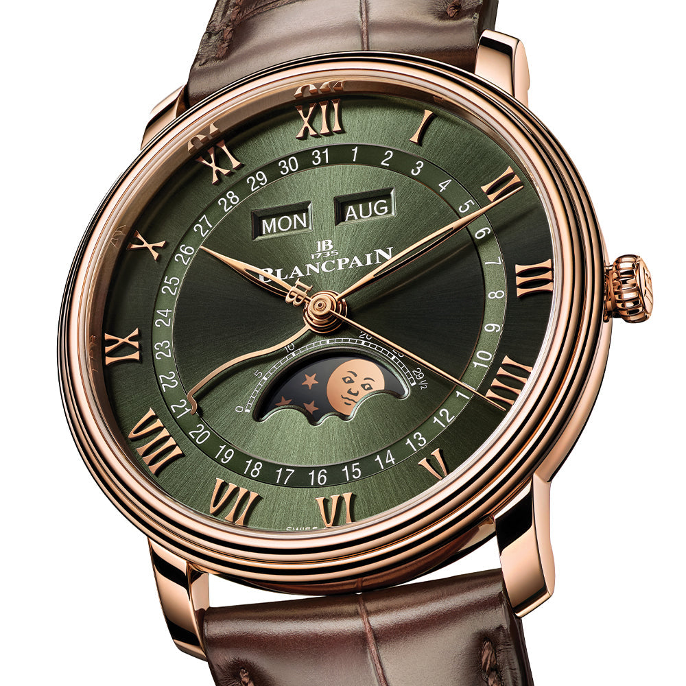 Villeret Complete Calendar Red Gold 40mm - Green on Leather Strap
