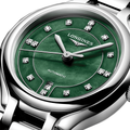 Longines Primaluna 30mm green mother-of-pearl dial with diamond hour markers on a stainless steel bracelet.