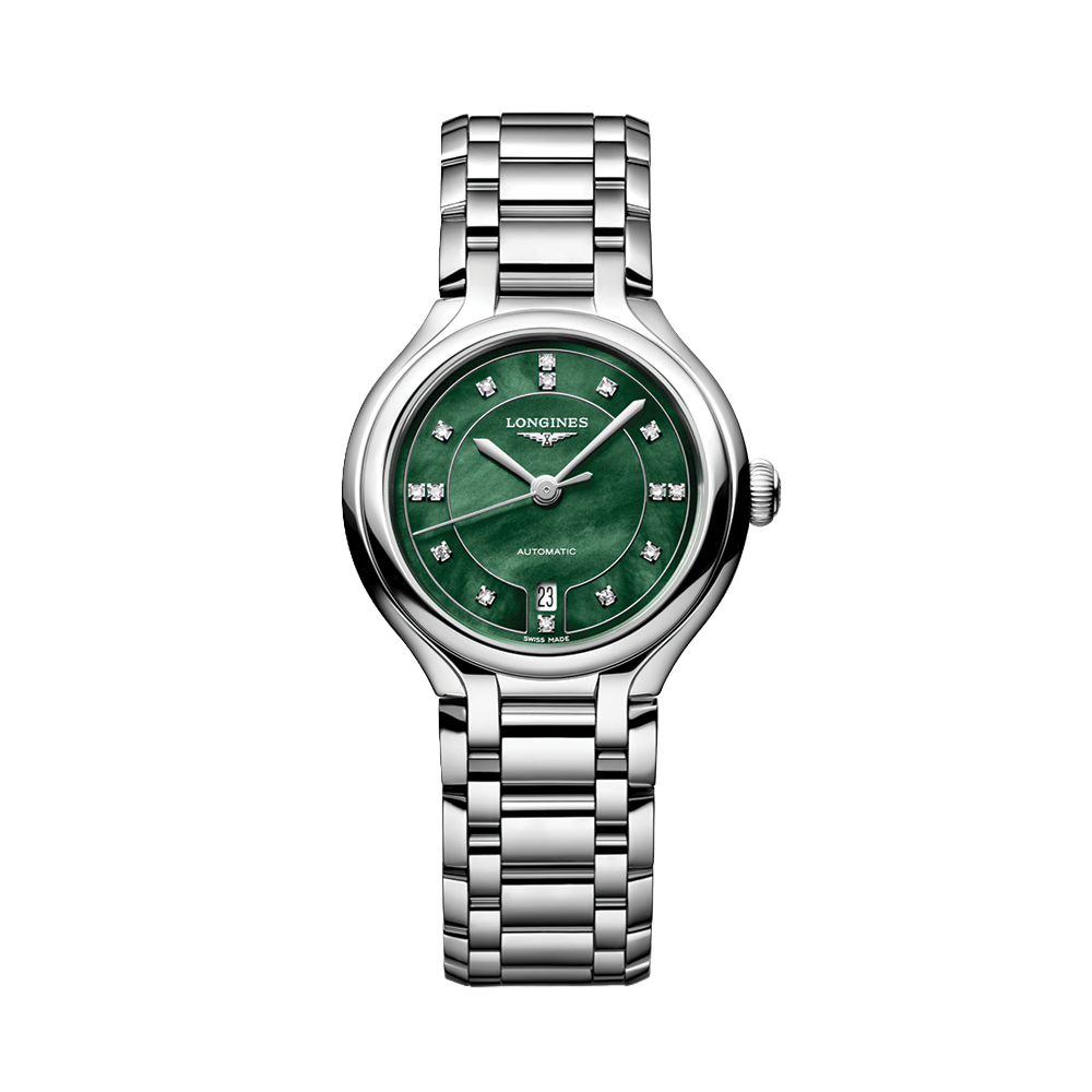 Longines Primaluna watch with a green mother-of-pearl dial, diamond markers, and stainless steel bracelet.