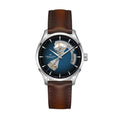Hamilton Jazzmaster Open Heart automatic watch with blue dial and visible skeleton movement on brown leather strap