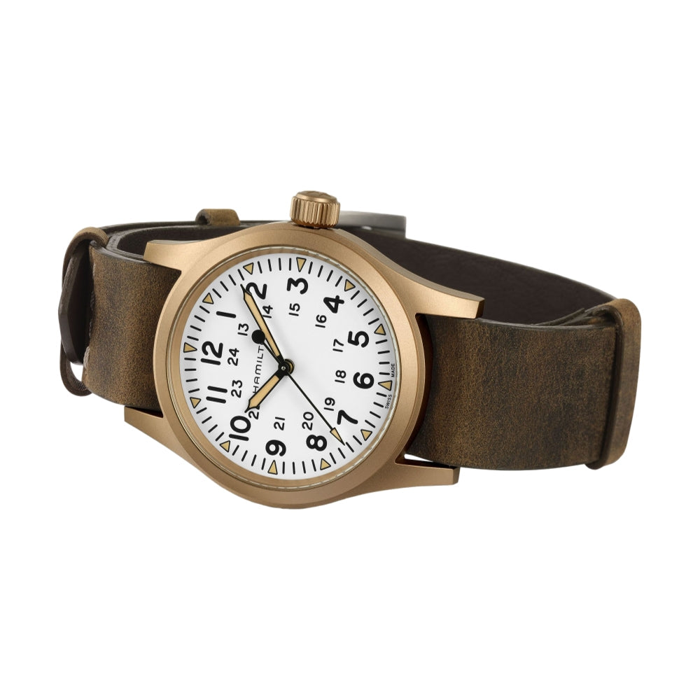 Khaki Field Mechanical Bronze 38mm - White on Leather Strap