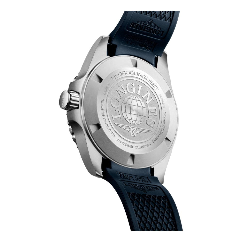 Caseback of Longines HydroConquest GMT with engraved logo and blue rubber strap