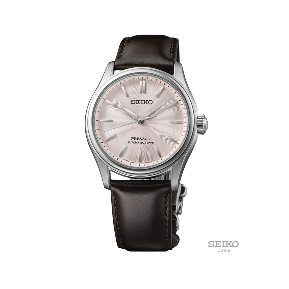 Seiko Presage Classic Series 38mm pink dial watch on a dark brown leather strap
