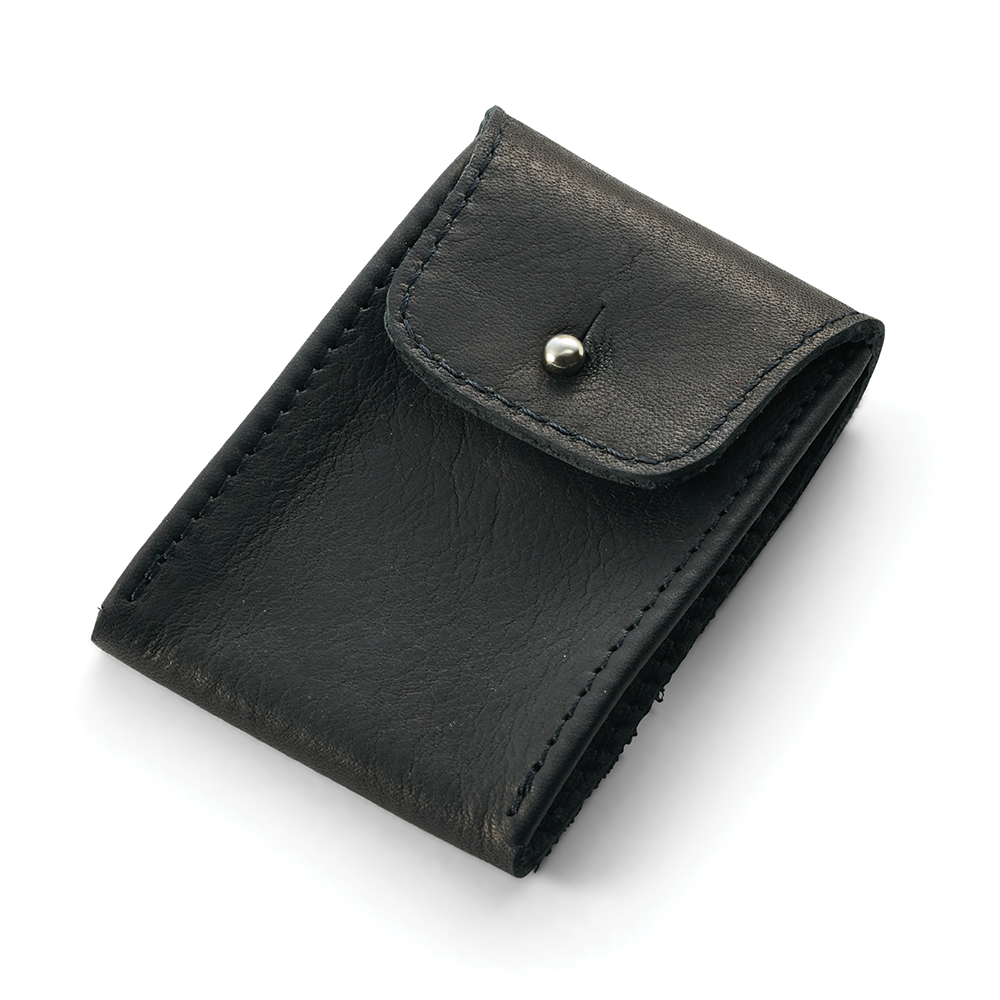 Black leather mini watch pouch with a metal snap closure.
