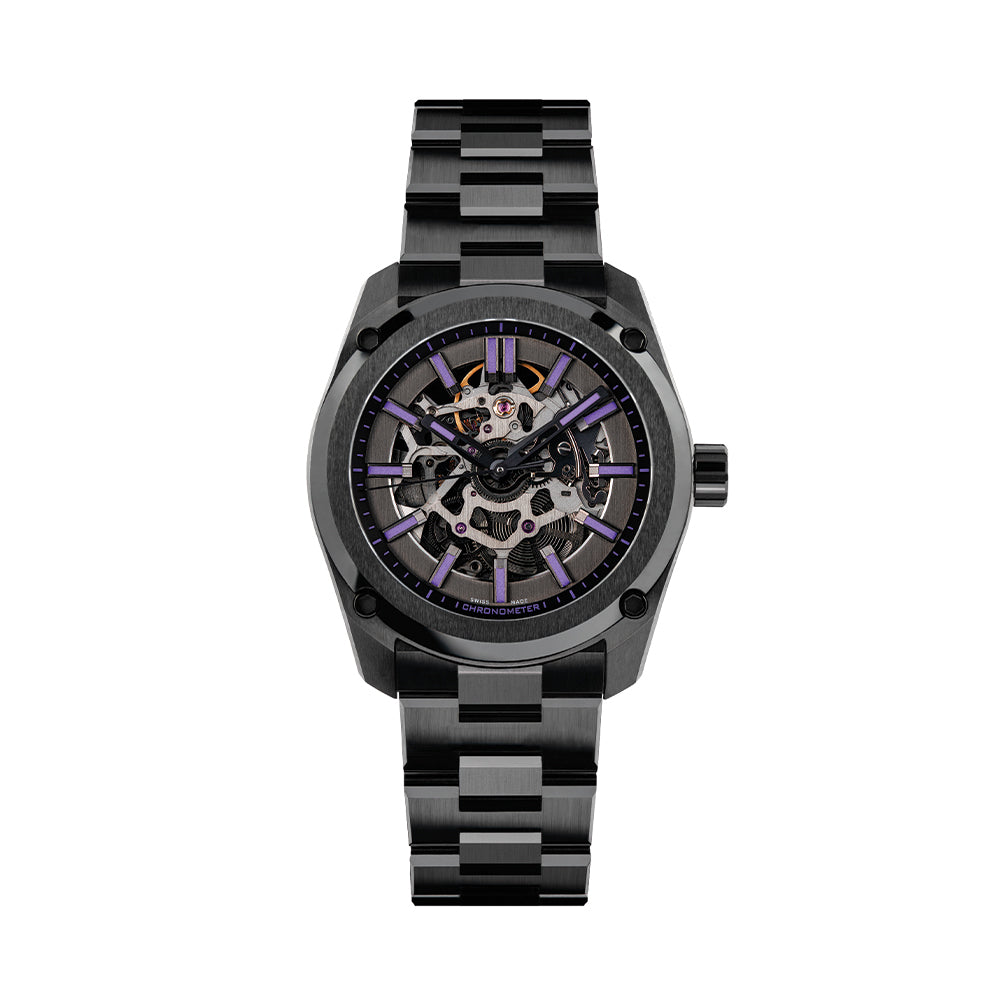 Essence Ceramica Skeleton COSC 41mm - Black and Stradale Viola on Bracelet
