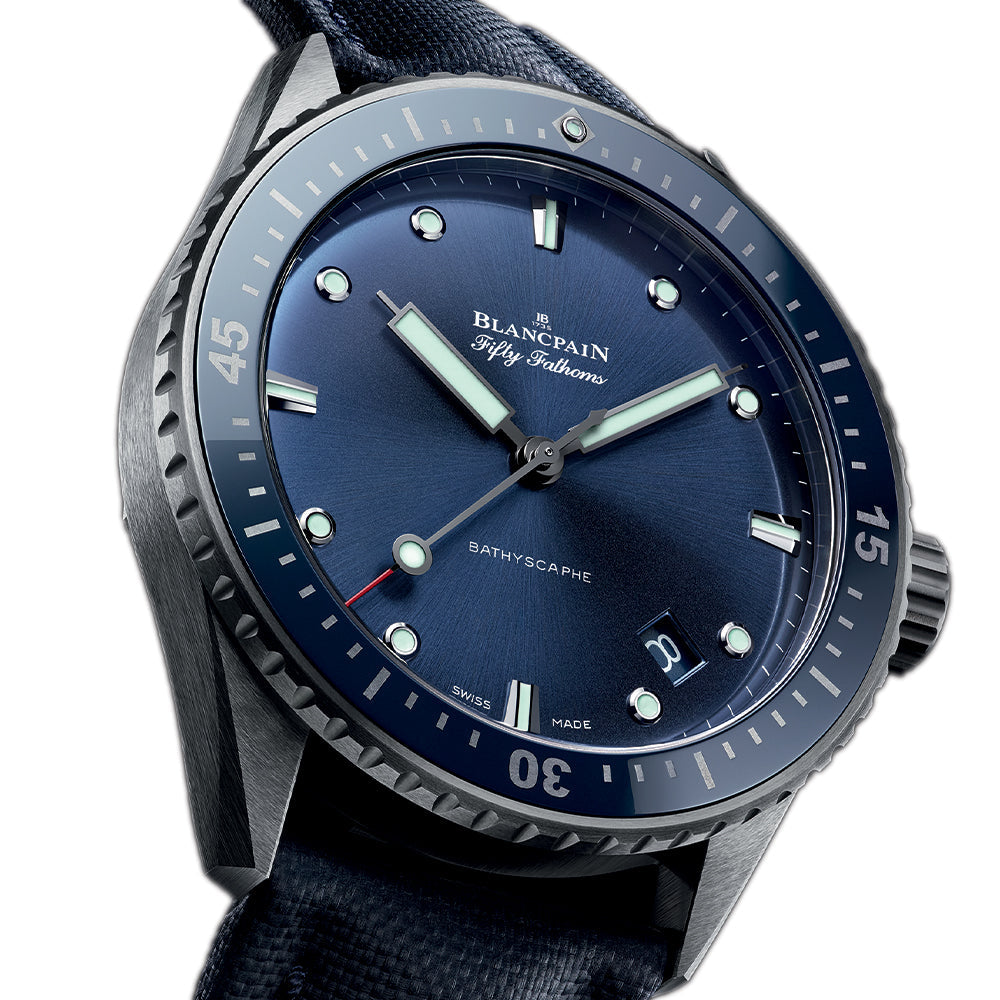 Fifty Fathoms Bathyscaphe Ceramic 43.6mm - Blue on Sail-Canvas Strap